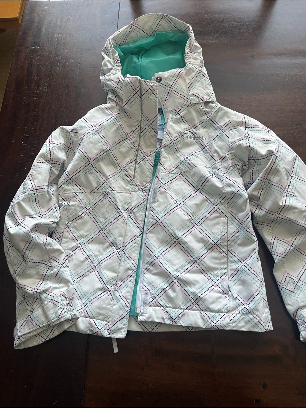 Columbia White Plaid Jacket with Teal Accents